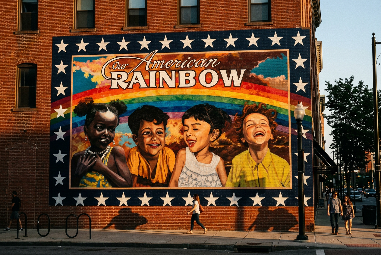 Our American Rainbow painted as a large mural on an urban brick building, with pedestrians walking past at golden hour