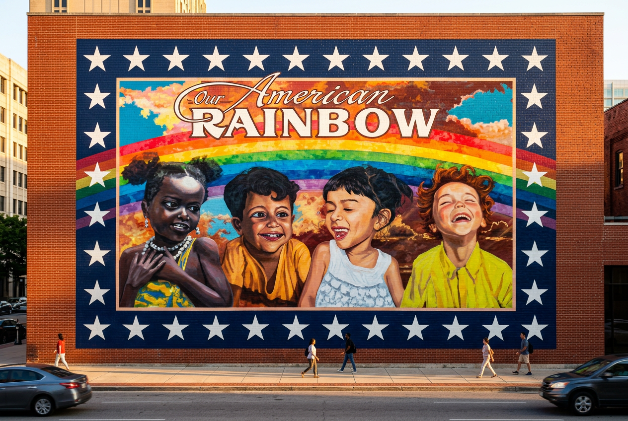 Our American Rainbow painted as a large mural on an urban brick building, with pedestrians walking past at golden hour